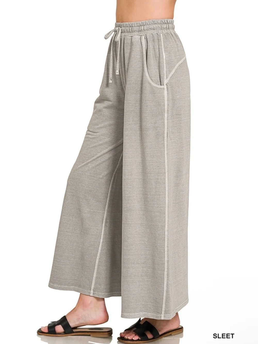 Zenana 100% Cotton Sleet Gray Washed French Terry Wide Leg Pants Large - Picture 3 of 3